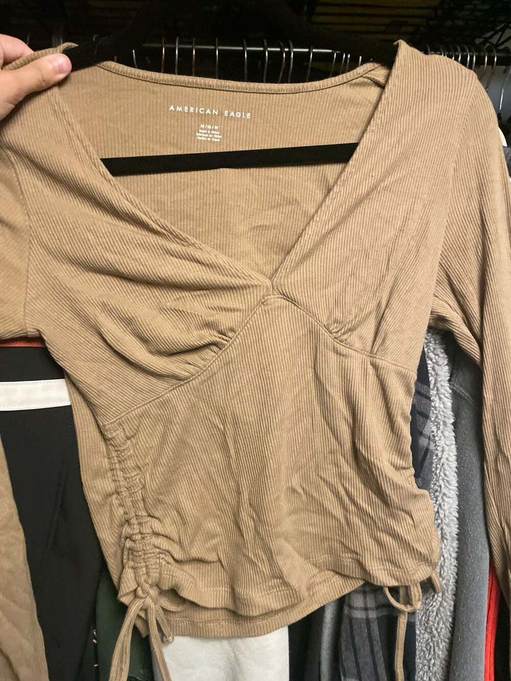 American Eagle Ribbed V-Neck Surplice Long Sleeve Top with Side Ruched Drawstrin